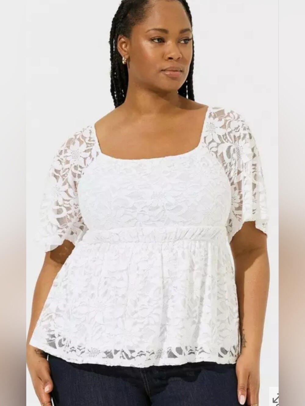 Torrid White Lace Square Neck Babydoll Top. With Lace Up Back. Size 1xl